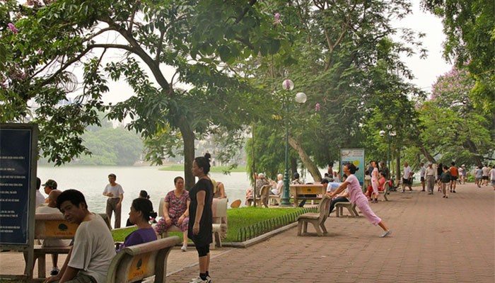 Early morning activities at Hoan Kiem Lake, Hanoi